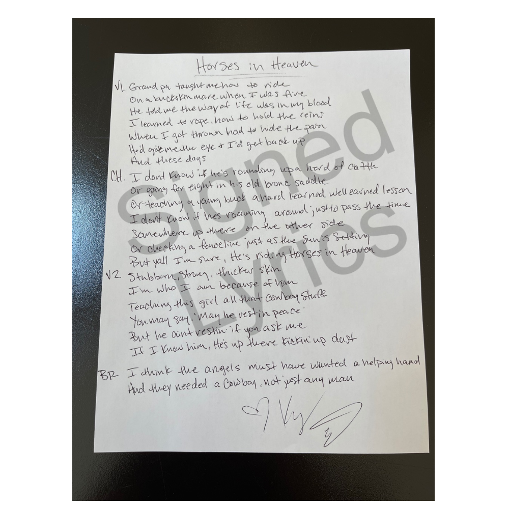 Kylie Frey Handwritten/Signed Lyric Sheet- Horses in Heaven -PRE ORDER