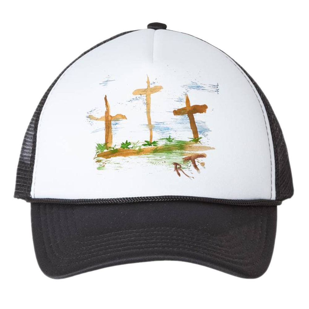 Randy Travis White and Black Three Wooden Crosses Artwork Hat