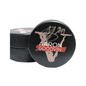 Aaron Goodvin AUTOGRAPHED Hockey Puck- V Album Logo