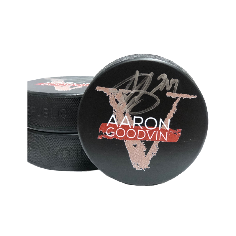 Aaron Goodvin AUTOGRAPHED Hockey Puck- V Album Logo