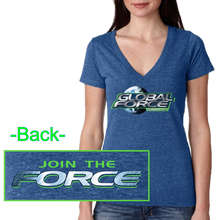 Load image into Gallery viewer, Global Force Wrestling Ladies Vintage Royal Deep V Neck Tee- Silver FOIL imprint
