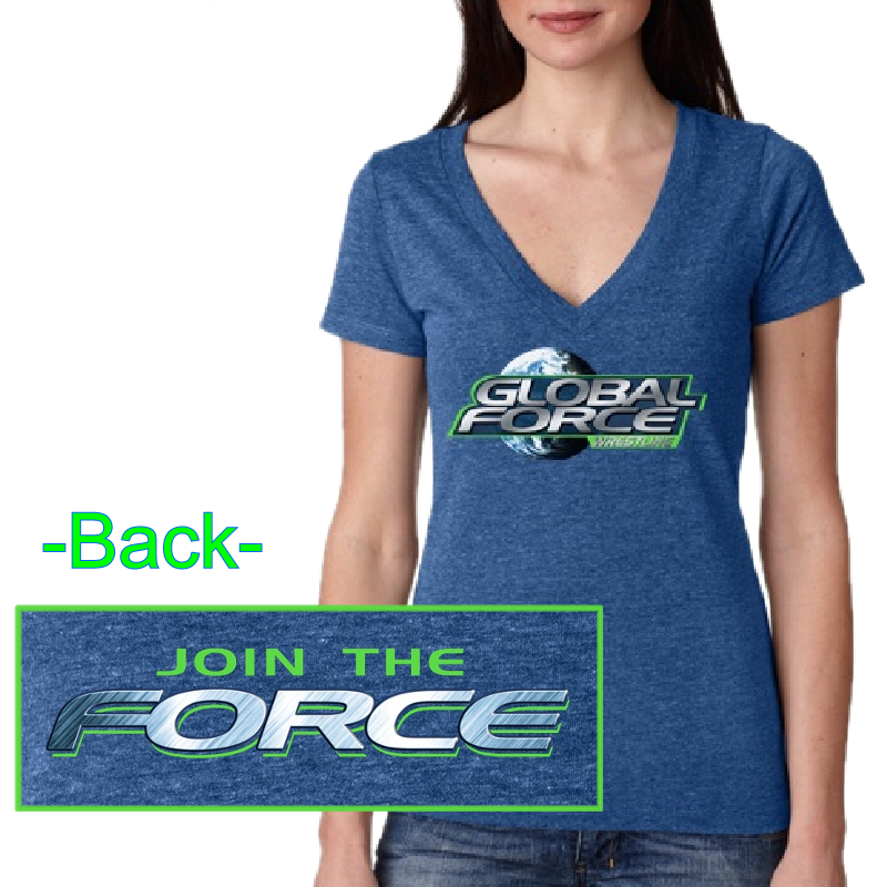 Global Force Wrestling Ladies Vintage Royal Deep V Neck Tee- Silver FOIL imprint