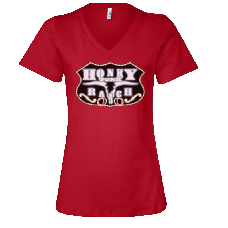 Honky Tonk Ranch Ladies Red V Neck Tee